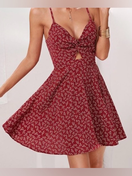 Shein Red Floral Cutout Tie Back Mini Dress M 6 Sun Dress Summer Boho Like New